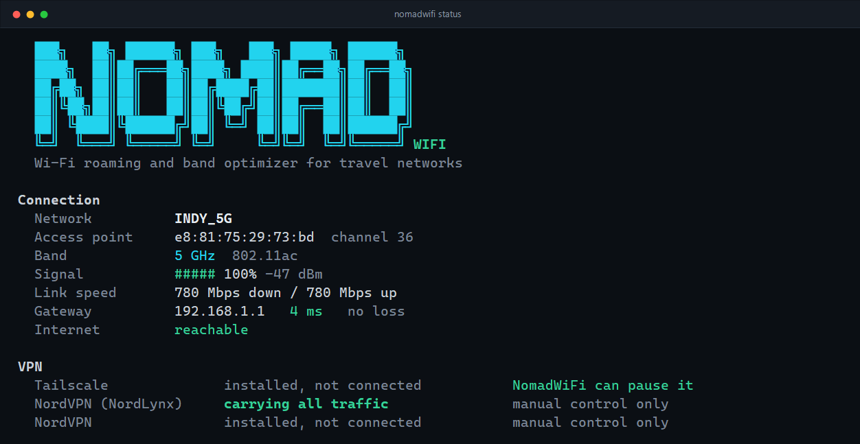 nomadwifi status output showing the connected network, access point, band, signal, link speed, gateway latency, internet reachability and VPN tunnel state.