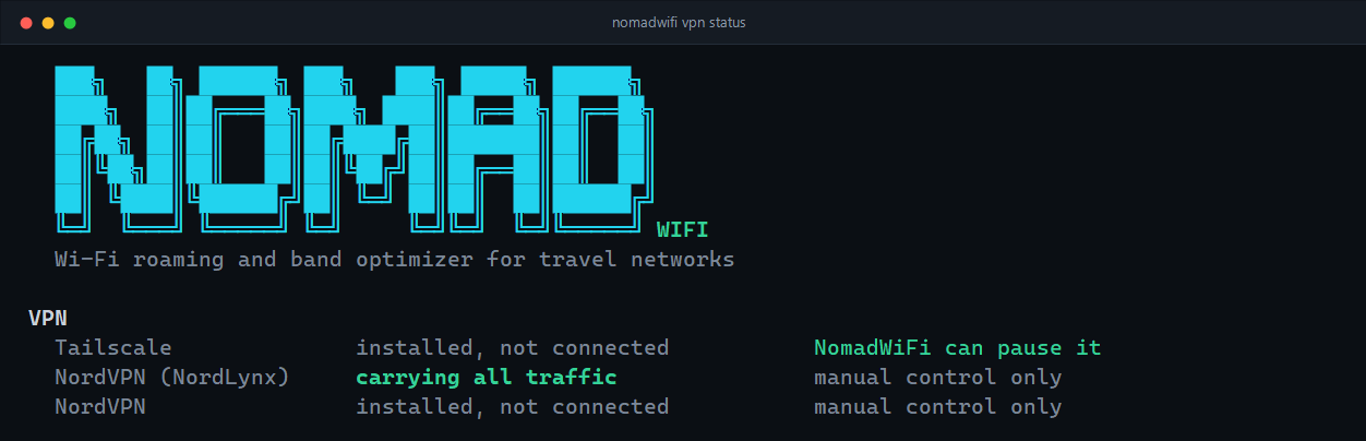 nomadwifi vpn status output listing detected tunnels, whether each is up, whether it owns the default route and whether NomadWiFi can pause it.