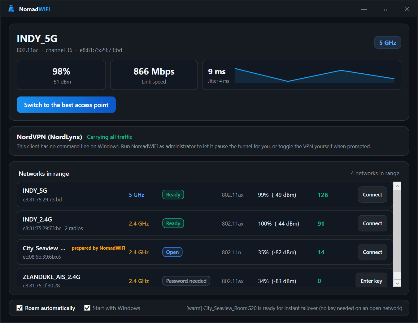 The NomadWiFi desktop app showing the connected 5 GHz network, its signal, link speed and latency graph, a NordVPN card, and a ranked list of nearby networks with band, readiness and score.